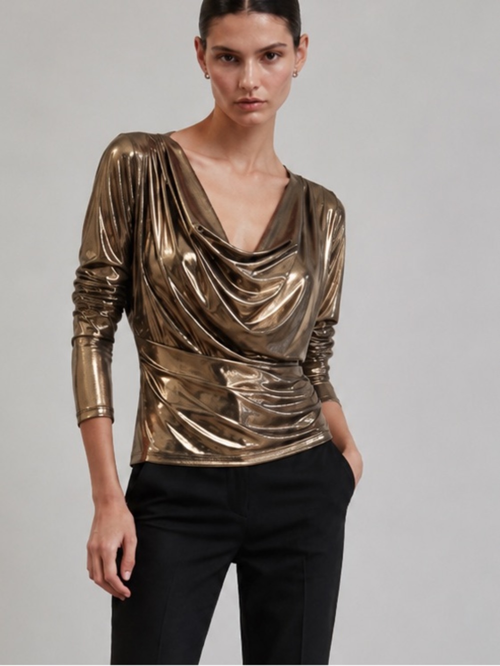 New Zara Bronze Metallic Cowl Neck Top